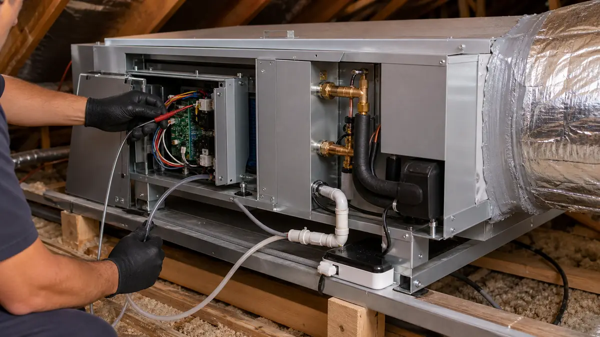 Mitsubishi SVZ multi-position air handler in a Woodland Hills ranch attic, 91367